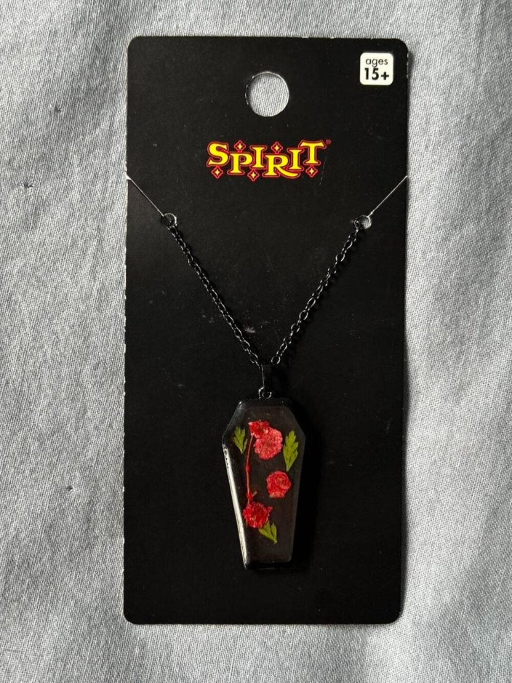 New Spirit Halloween Black Coffin Shaped Clear Pressed Flower Necklace